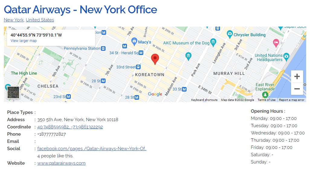 Qatar Airways New York Office On Google Map