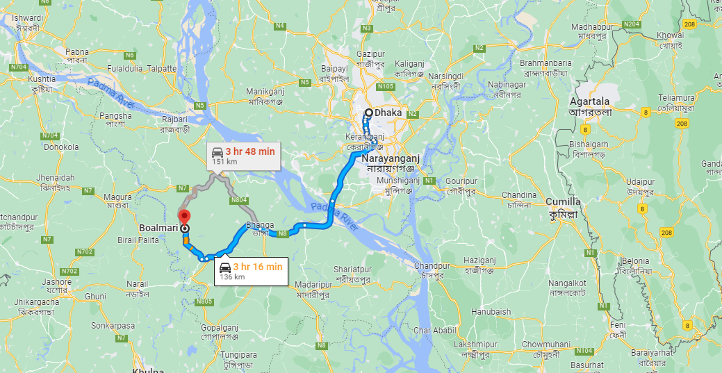 Dhaka To Boalmari Bus Route Map