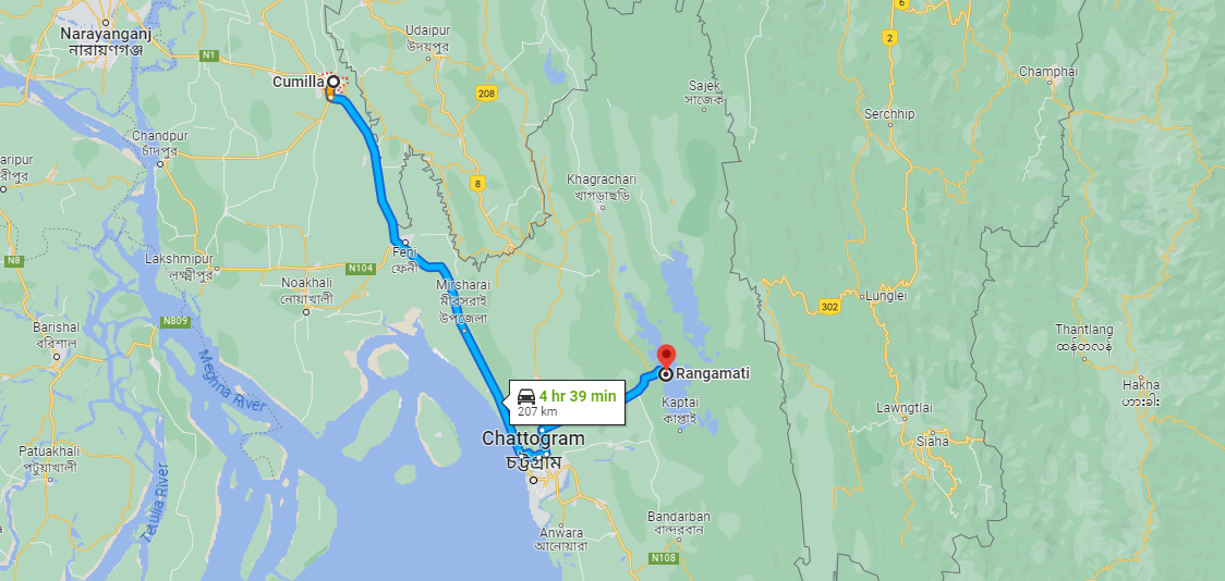 Comilla To Rangamati Bus Road Map