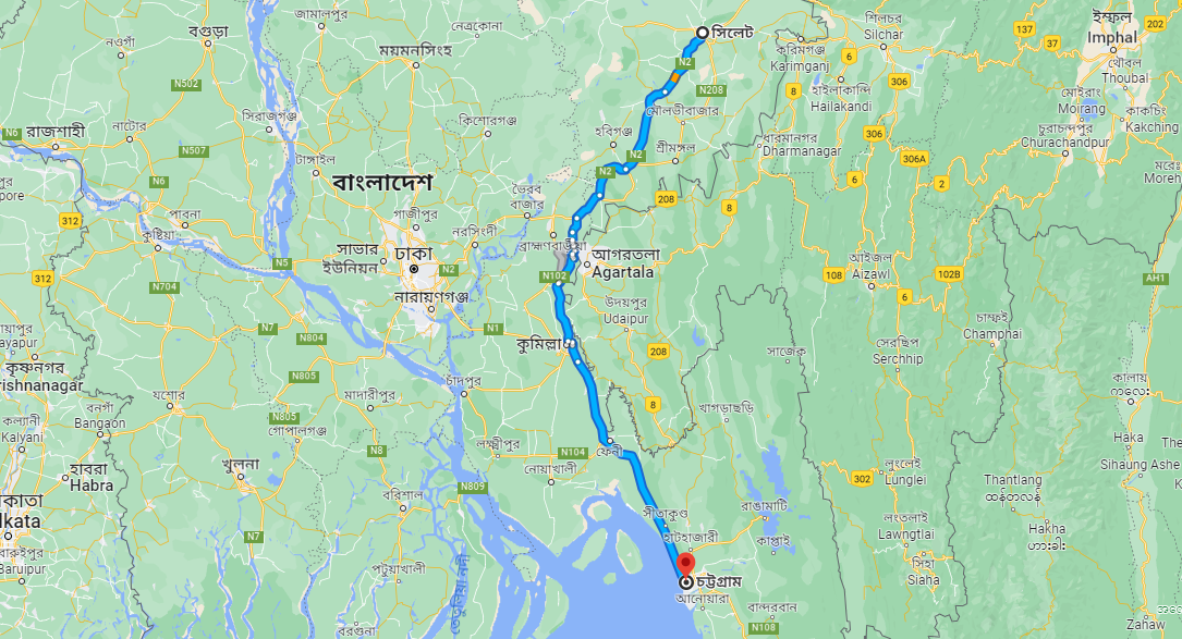 Sylhet To Chittagong Bus Road Map